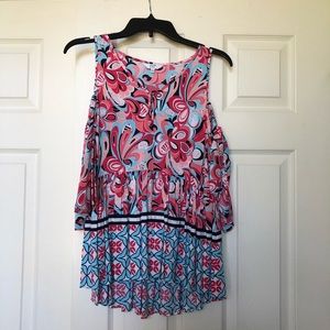 Crown & Ivy multi colored top, slightly longer in the back with open shoulders.